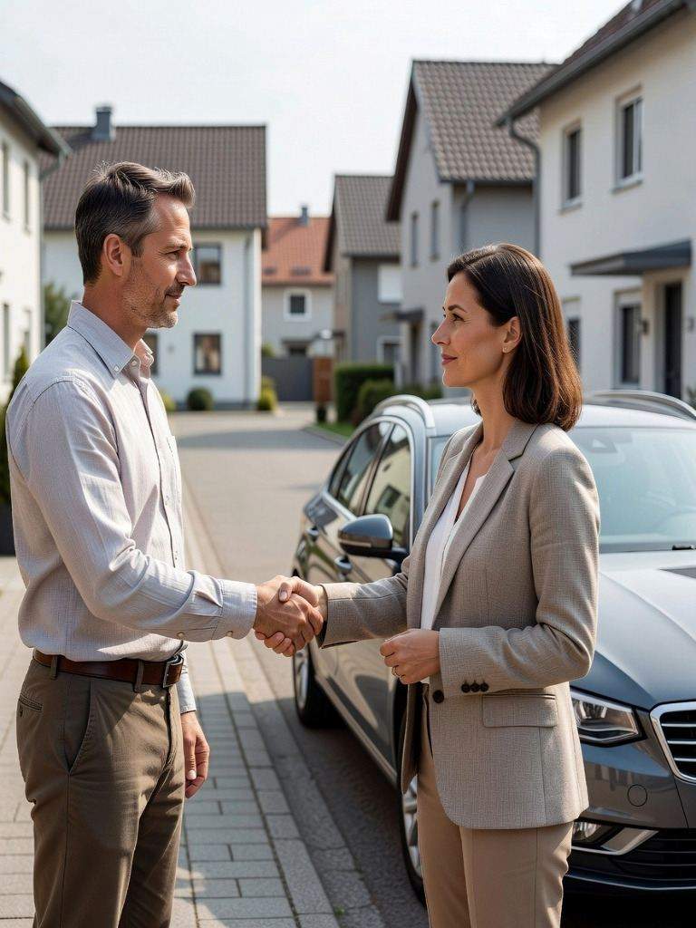 seriöser und geprüfter Autoankäufer mitten beim Vertragsabschluss in einer Wohngegend in Jüchen